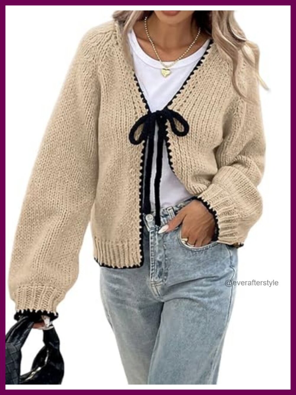 Women's Tie Front Knit Cardigan with Scalloped Trim - Cozy Puff Sleeve Sweater